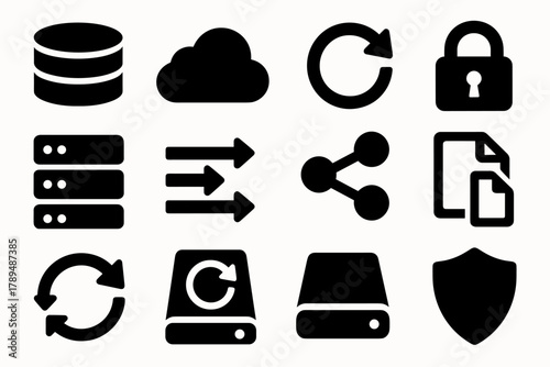 Data Redundancy Icons. Data Redundancy silhouette icon set: database stack, cloud icon, backup arrow, secure lock, server rack, data flow, connection nodes, duplicate file, sync