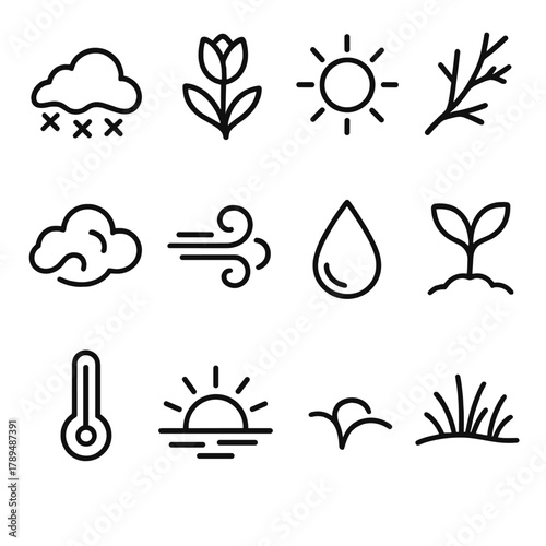 Seasonal Transition Icons. Groundhog Day – Seasonal Change linear icon set: snow melting, budding flower, warm sun, tree branch, cloud, wind swirl, rain droplet, green sprout,