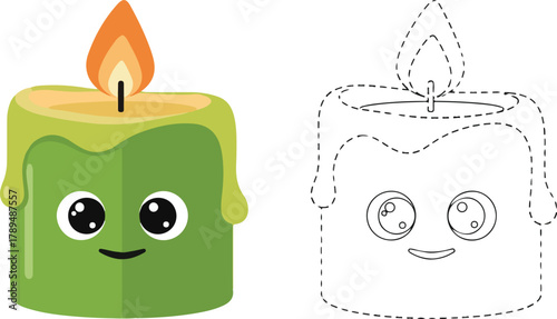 Cute Green Candle Cartoon Character with Tracing Outline Game for Kids Education Vector