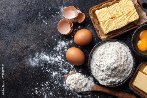 Baking Ingredients Composition Top View with Eggshells and Flour