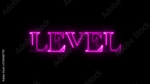 Animated level text with neon effect on black screen