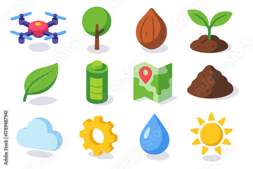 Reforestation Drone Icons. Drone Reforestation Icons modern flat icons set: drone, tree, seed pod, sprout, leaf, battery, map, soil, cloud, gear, water droplet, sun.