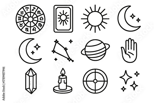 Zodiac and Tarot Icons. Zodiac and Tarot linear icon set: zodiac wheel, tarot card, sun, moon, constellation, planet, crystal, candle, hand, eye, chart, stars.