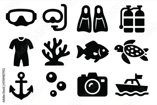 Scuba Diving Essentials. Scuba Diving Icons silhouette icon set: diving mask, snorkel, fins, oxygen tank, wetsuit, coral, fish, sea turtle, anchor, bubbles, underwater camera, boat