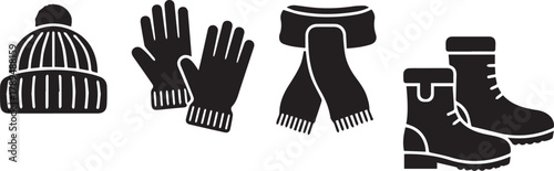 Black vector icons set of essential winter clothes: knit hat, gloves, scarf, and boots.