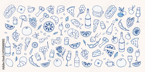 A whimsical collection of hand drawn food and drink icons in blue outline on a cream background