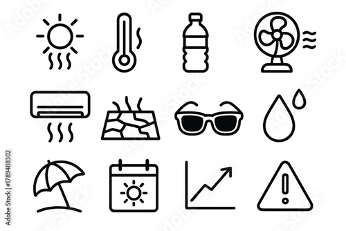 Heatwave Icons Collection. Heatwaves linear icon set: sun with heat waves, thermometer, water bottle, fan, air conditioner, dry soil, sunglasses, sweat drop, shaded umbrella,