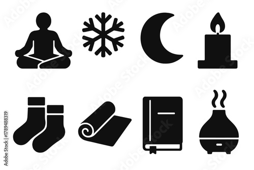 Brutalist Winter Icons. Mindful Winter silhouette icon set: meditation pose, snowflake, moon, candle, warm socks, yoga mat, journal, diffuser.