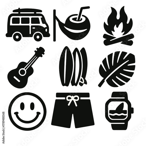 Surf Lifestyle Icons. Surf Lifestyle Icons silhouette icon set: beach camper, hammock, coconut drink, bonfire, guitar, surfboard stack, palm leaf, ocean horizon, sea shell, smiling