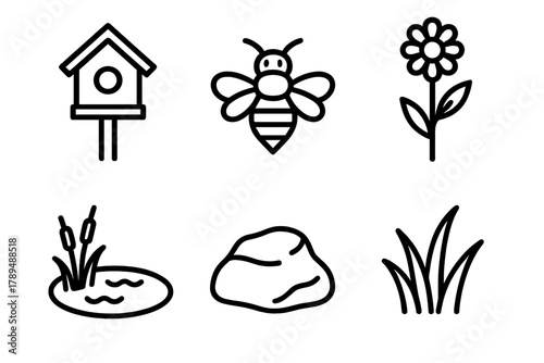 Biodiverse Habitat Icons. Biodiverse Habitat linear icon set: birdhouse, bee, wildflower, pond, rock, grass.