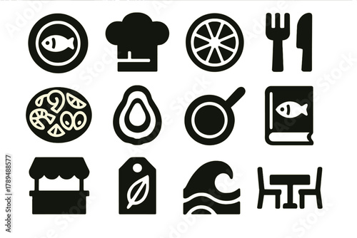 Brutalist Seafood Icons. Sea-to-Table silhouette icon set: plate with fish, chef hat, lemon slice, fork and knife, seafood platter, oyster shell, cooking pan, recipe book, market
