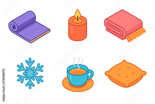 Cozy Practice Icons. Cozy Practice modern flat icons set: yoga mat, candle, blanket, cup of tea, snowflake, cushion.