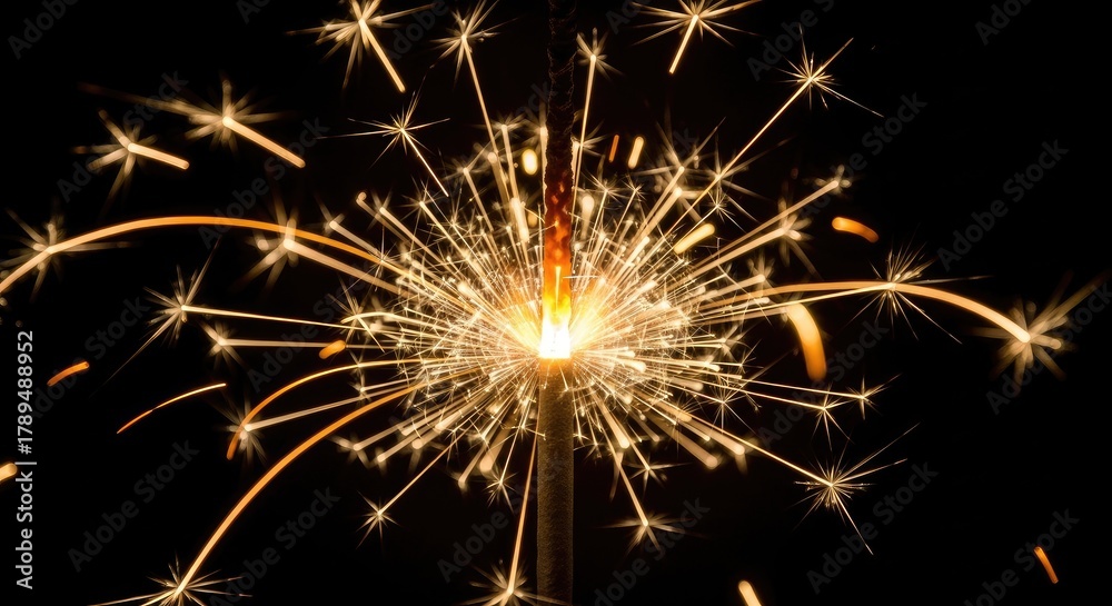 Fototapeta premium Close up of a sparkler emitting bright sparks against a black backdrop