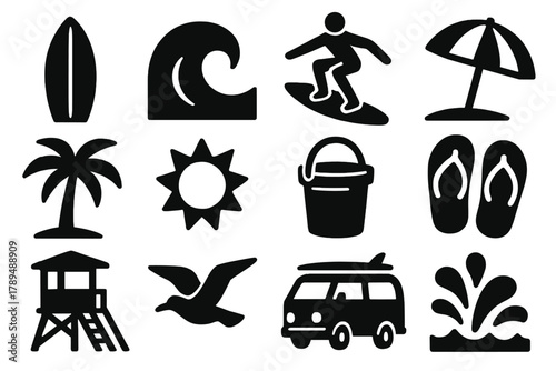 Brutalist Surfing Icons. Surfing Icons silhouette icon set: surfboard, wave, surfer, beach umbrella, palm tree, sun, sand bucket, flip flops, lifeguard tower, seagull, surf van,