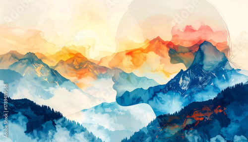Watercolor landscape human silhouette meets mountain peaks, Symbolizing oneness with nature