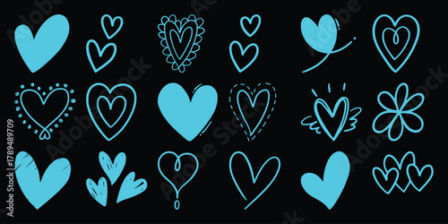 Collection of Hand-Drawn Blue Hearts and a Flower on Black Background
