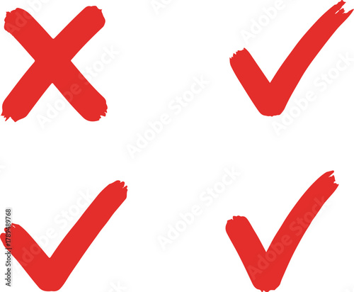 Red checkmarks and a red x mark isolated on a white background symbolizing correct and incorrect choices
