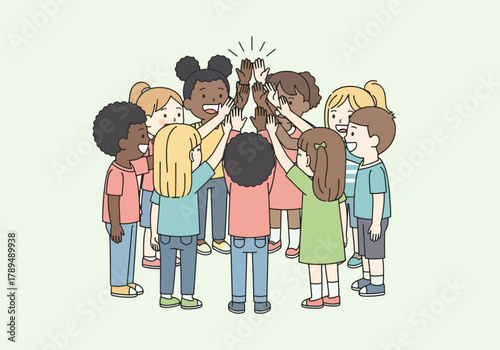 A group of diverse children are depicted giving each other a high five in a circle, symbolizing teamwork and unity.