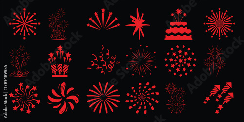 Collection of Red Fireworks and Celebration Icons on Black Background