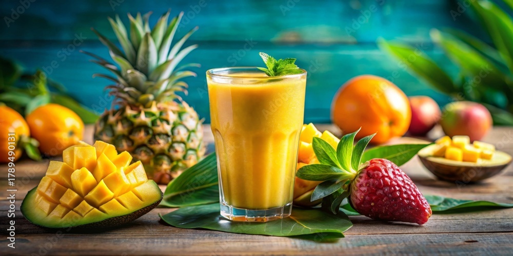 Fototapeta premium Refreshing Tropical Fruit Smoothie with Mango, Pineapple, and Strawberry