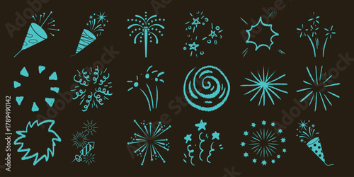 Collection of Teal Chalk-Style Fireworks and Party Poppers on Dark Background