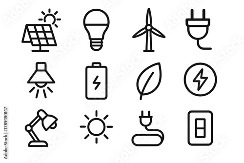 Green Energy Icons. Green Energy Lighting Icons linear icon set: solar panel, LED bulb, wind turbine, plug, light beam, battery, leaf, energy symbol, lamp, sun, wire, switch.