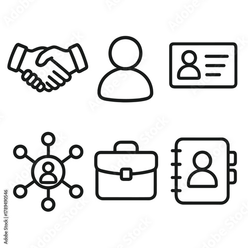 Doodle Business Icons. Professional Connections outline icons: handshake icon, profile avatar, business card, network lines, briefcase, contact list.