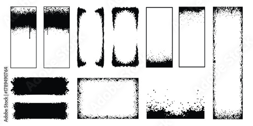 Collection of black grunge frames, distressed borders, and abstract ink splatter banners for creative graphic design projects.