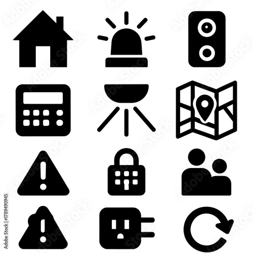 Residential Safety Icons. Residential Safety Network silhouette icon set: house icon, wireless connection, emergency icon, doorbell camera, control panel, energy-efficient sensor,