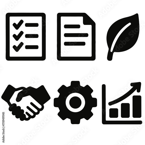 Eco Icons Vector Style. Eco Policies silhouette icon set: checklist, document, leaf, handshake, gear, chart.