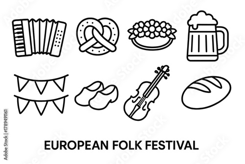 Folk Festival Icons. European Folk Festival linear icon set: accordion, pretzel, flower crown, beer stein, flag bunting, wooden clogs, violin, bread loaf.