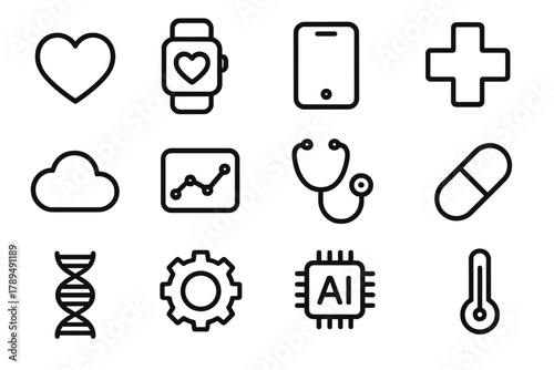 Smart Healthcare Icons. Smart Healthcare Icons linear icon set: heart, smartwatch, smartphone, cross symbol, cloud, data chart, stethoscope, pill, DNA strand, gear, AI chip,