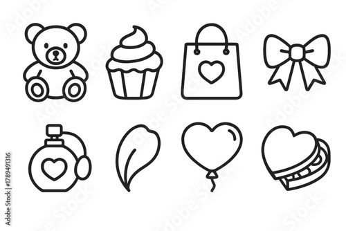 Sweet Gesture Icons. Sweet Gestures linear icon set: teddy bear, cupcake, gift bag, bow, perfume bottle, flower petal, heart balloon, candy box.