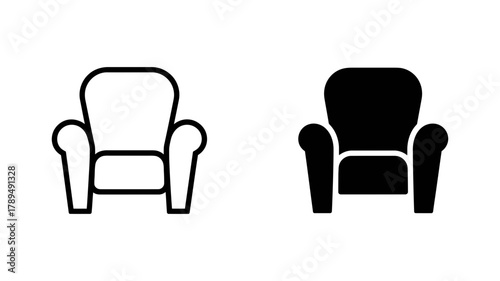 Armchair icon set with outline and solid variations, modern comfortable furniture, simple graphic design element for home, office, or hospitality projects