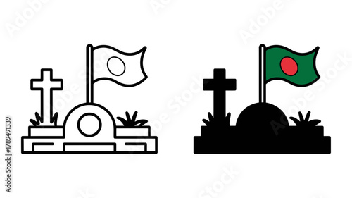 Bangladesh national flag waving above a gravestone and cross icon set showing outline and filled versions, symbolizing remembrance and sacrifice for the nation.