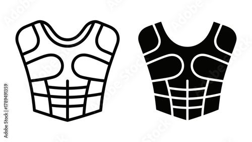 Body armor and bulletproof vest icon set featuring outline and solid black glyph designs, perfect for symbolizing protection, safety, and security applications.