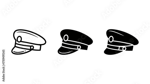 Peaked cap vector icons, set of three distinct styles showcasing uniform accessory graphic elements, featuring simple line art and filled shapes for various design projects