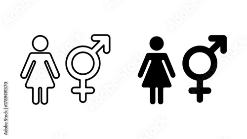 Male and female gender outline and solid icon symbols, representing sex, identity, and relationships, perfect for diverse identity concepts
