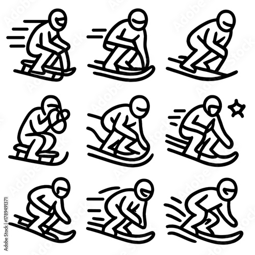 Sledding Athlete Icons. Athlete in Action linear icon set: sledder, speed lines, turn, crouched pose, trail mark, camera, star, motion wave.