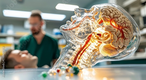 Transparent Human Head Model with Illuminated Brain and Spinal Cord in Medical Setting.