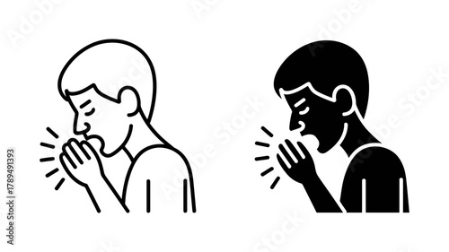 Coughing icon displaying a person with hands covering mouth, representing illness, respiratory symptoms, cold, flu, or allergies, isolated vector graphic.