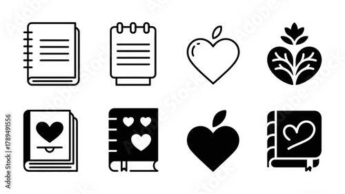 Minimalist line and solid vector icons: notebooks, lists, heart symbols, and stylized plants, for conveying themes of knowledge, love, growth, and planning.