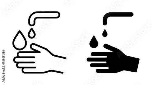 Hand washing vector icons: outline and solid styles showing hands under a faucet with water, symbolizing hygiene, health, cleanliness, and care.