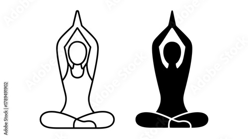 Yoga meditation pose icon set for health and wellness, featuring minimalist outline and solid silhouette designs on a clean background