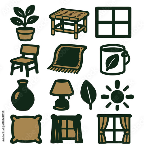 Eco-Friendly Icon Set. Nature-Inspired Interiors Icons silhouette icon set: indoor plant, bamboo furniture, natural rug, window, wooden chair, lamp, eco paint can, leaf, vase,