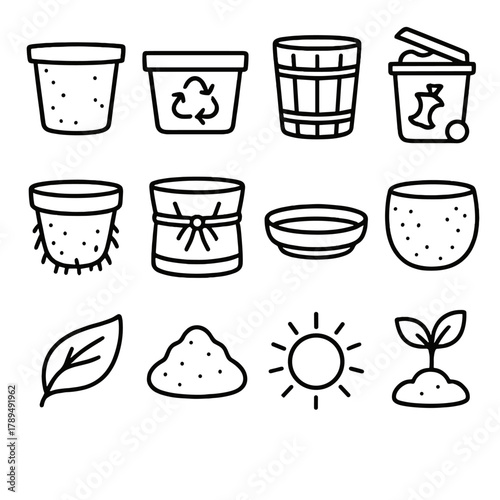 Eco Planters Icons. Eco-Friendly Planters linear icon set: biodegradable pot, recycled plastic planter, bamboo fiber pot, compost bin, coconut husk pot, jute wrap, clay saucer,