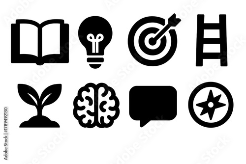 Brutalist Personal Growth Icons. Personal Growth silhouette icon set: open book, light bulb, target, ladder, plant sprout, brain, speech bubble, compass.