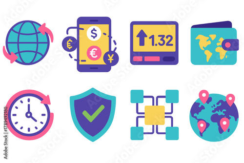 Global Banking Icons. Global Real-Time Banking flat icons: cross-border transfer globe, international currency tracker, forex rate ticker, global wallet icon, 24/7 transaction feed