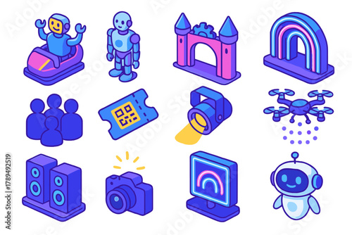 Futuristic Park Icons. Tech Amusement Park modern flat icons set: robotic ride, animatronic figure, theme park gate, light tunnel, crowd silhouette, digital ticket, stage spotlight