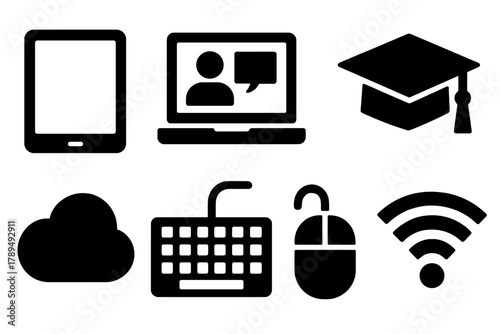 Bold Digital Learning Icons. Digital Learning silhouette icon set: tablet, laptop, online class screen, graduation cap, cloud storage, keyboard, mouse, Wi-Fi signal.